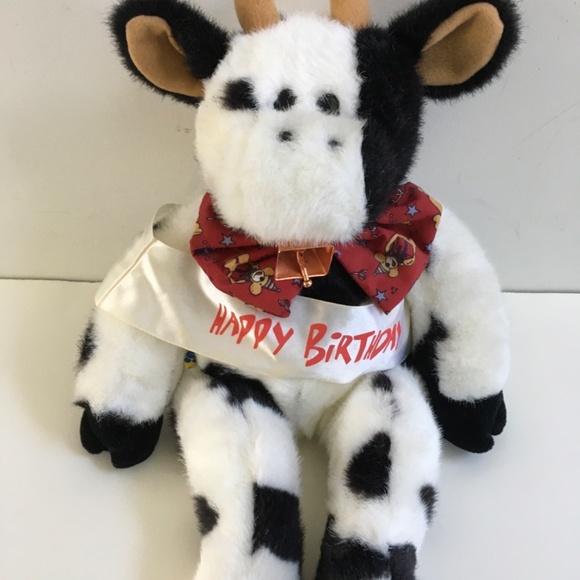 1997 Build A Bear Holstein Cow Bell Bow Tie Sash 18" White & Black Stuffed Plush - Picture 4 of 16